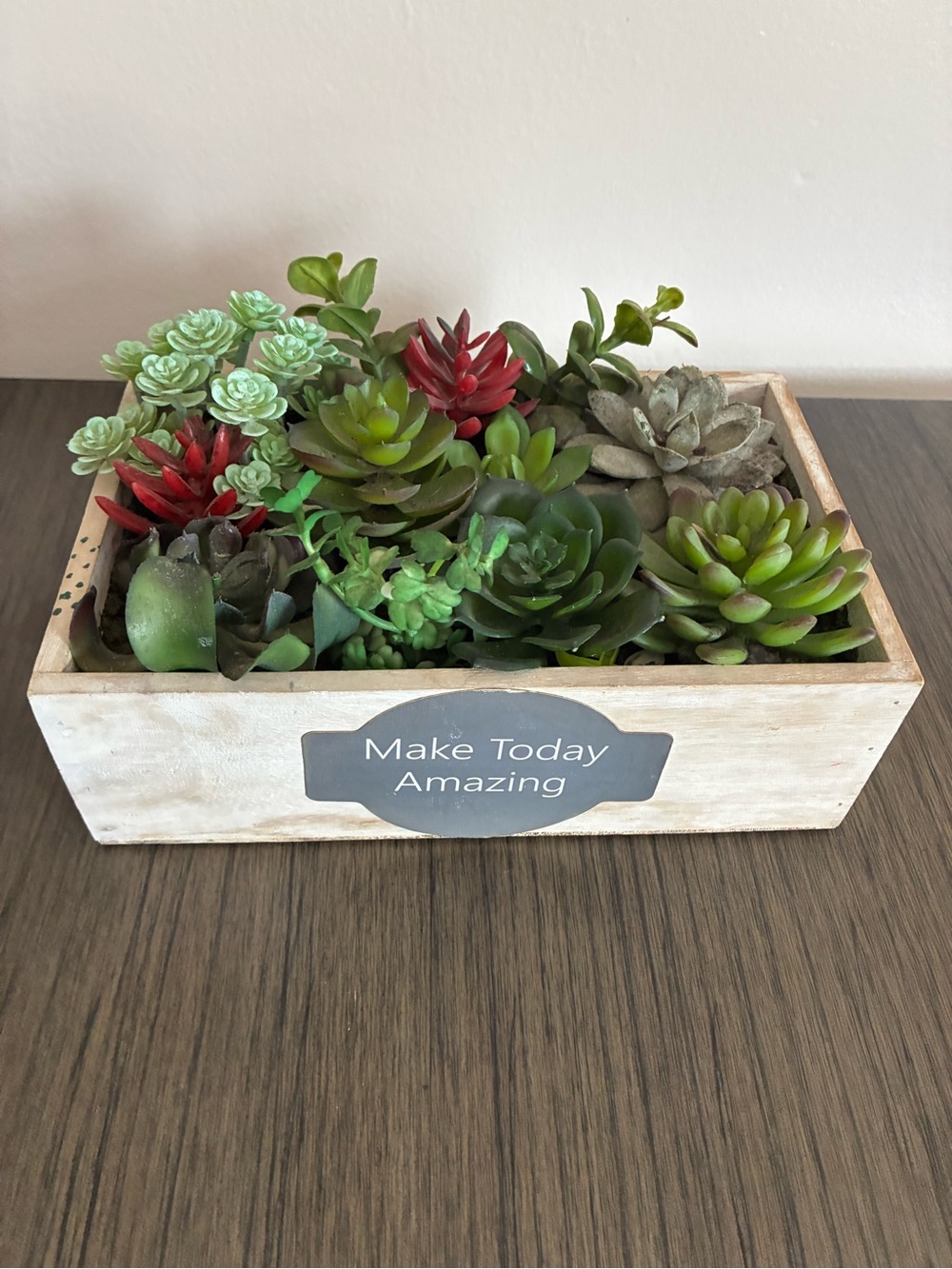 Succulent Arrangement in Wooden Box - Green & Red Faux Plants